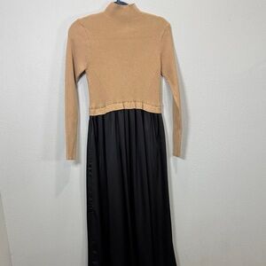 Elegant Tan and Black Women's Dress sweater top satin‎ skirt